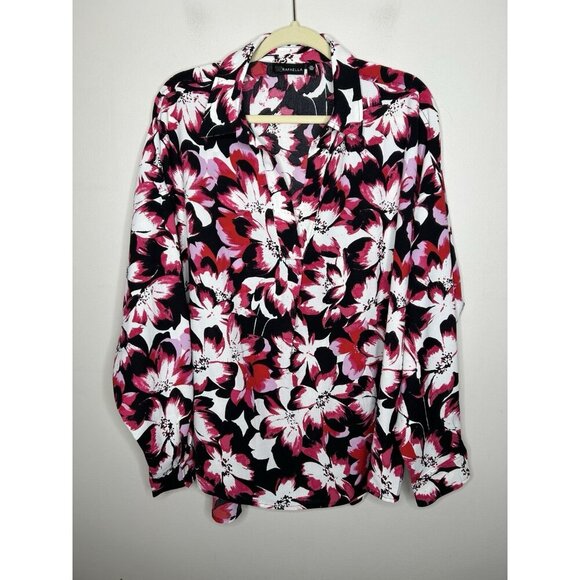 Rafaella Pink And Black Floral V Neck Long Sleeve Blouse Top Size XXL - Picture 1 of 11